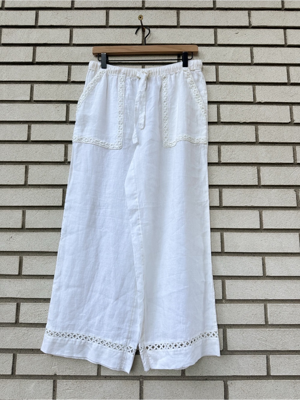 Joie S Ivory White Linen Wide Leg Pull On Pants Embroidered Crochet Trim